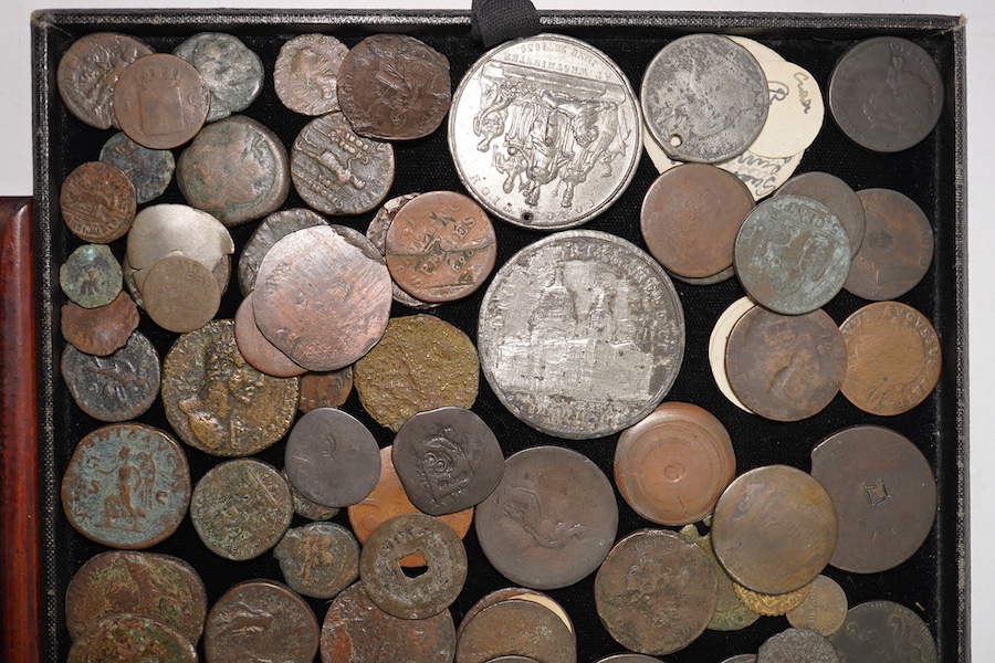 Roman AE coinage and various AE bank tokens and world coins, together with various 19th century commemorative medals